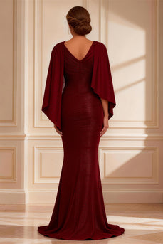 Burgundy Boat Neck Mermaid Long Mother of the Bride Dress with Slit