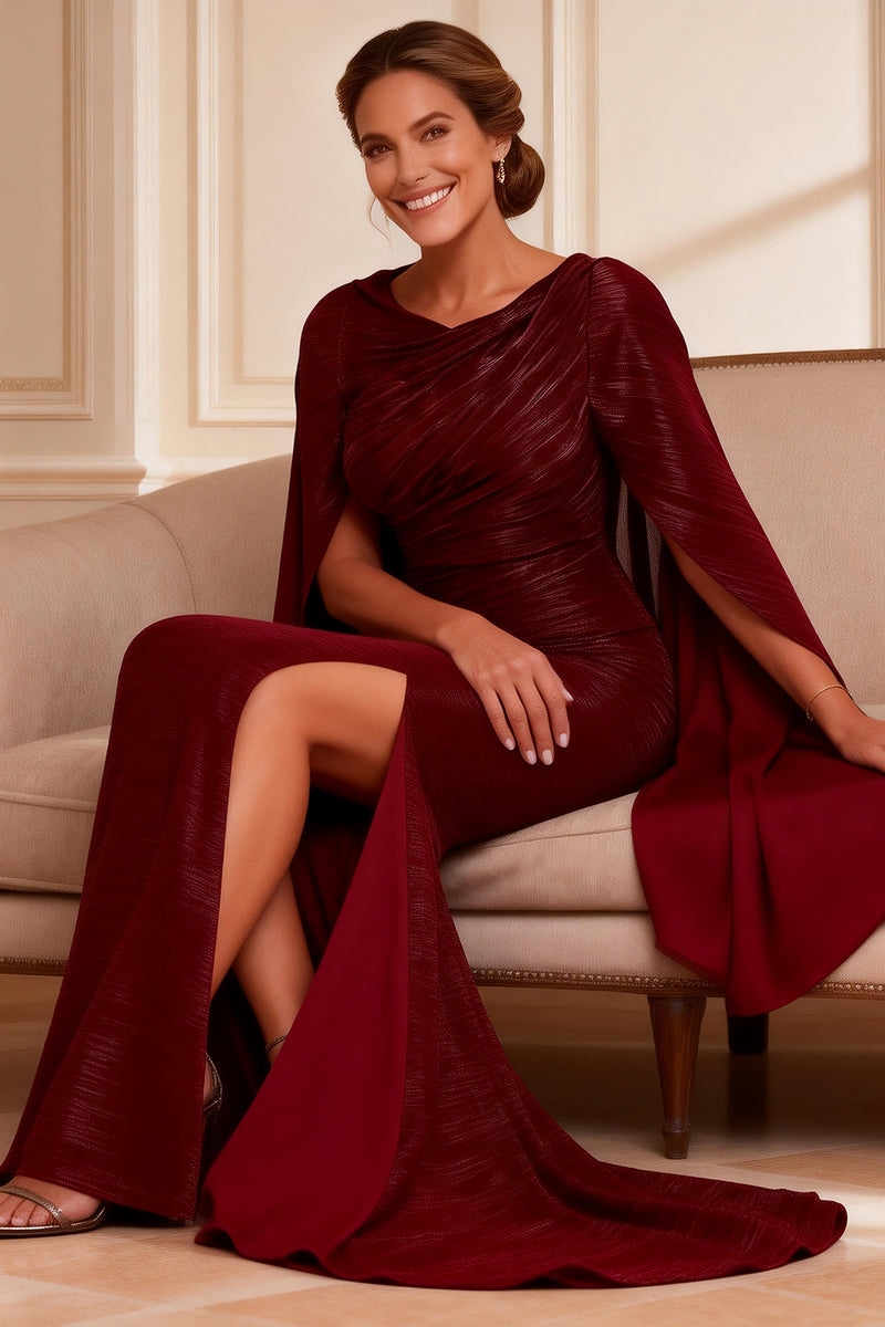 Load image into Gallery viewer, Burgundy Boat Neck Mermaid Long Mother of the Bride Dress with Slit