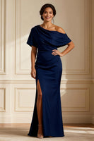 Load image into Gallery viewer, Navy Asymmetrical Neck Mermaid Long Mother of the Bride Dress with Slit