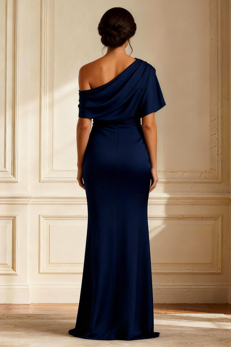 Load image into Gallery viewer, Navy Asymmetrical Neck Mermaid Long Mother of the Bride Dress with Slit