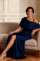 Load image into Gallery viewer, Navy Asymmetrical Neck Mermaid Long Mother of the Bride Dress with Slit