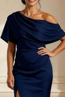 Load image into Gallery viewer, Navy Asymmetrical Neck Mermaid Long Mother of the Bride Dress with Slit