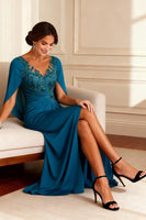 Load image into Gallery viewer, Sparkly Peacock Blue V Neck Beaded Long Mother of the Bride Dress