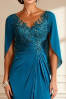 Load image into Gallery viewer, Sparkly Peacock Blue V Neck Beaded Long Mother of the Bride Dress