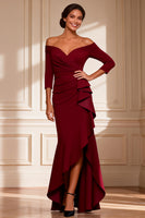 Load image into Gallery viewer, Burgundy Off the Shoulder Asymmetrical Mother of the Bride Dress with Ruffles