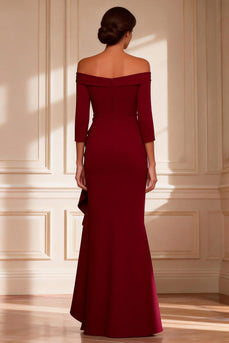 Burgundy Off the Shoulder Asymmetrical Mother of the Bride Dress with Ruffles