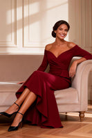 Load image into Gallery viewer, Burgundy Off the Shoulder Asymmetrical Mother of the Bride Dress with Ruffles