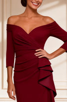Load image into Gallery viewer, Burgundy Off the Shoulder Asymmetrical Mother of the Bride Dress with Ruffles