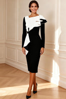 Load image into Gallery viewer, Black and White Ruffled Pencil Midi Mother of the Bride Dress