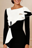 Load image into Gallery viewer, Black and White Ruffled Pencil Midi Mother of the Bride Dress