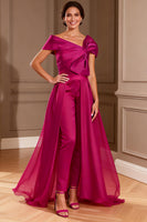 Load image into Gallery viewer, Fuchsia Asymmetrical Neck Long Mother of the Bride Jumpsuits with Cape