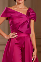 Load image into Gallery viewer, Fuchsia Asymmetrical Neck Long Mother of the Bride Jumpsuits with Cape