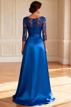 Sparkly Royal Blue V Neck Long Mother of the Bride Dress with Lace