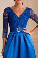 Load image into Gallery viewer, Sparkly Royal Blue V Neck Long Mother of the Bride Dress with Lace