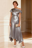 Load image into Gallery viewer, Silver Metallic Asymmetrical Neck Pleated Long Mother of the Bride Dress