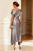 Load image into Gallery viewer, Silver Metallic Asymmetrical Neck Pleated Long Mother of the Bride Dress
