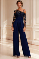 Load image into Gallery viewer, Sparkly Navy Beaded Long Mother of the Bride Jumpsuits with Lace