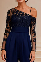 Load image into Gallery viewer, Sparkly Navy Beaded Long Mother of the Bride Jumpsuits with Lace