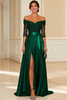 Load image into Gallery viewer, Dark Green Off the Shoulder Long Mother of the Bride Dress with Lace