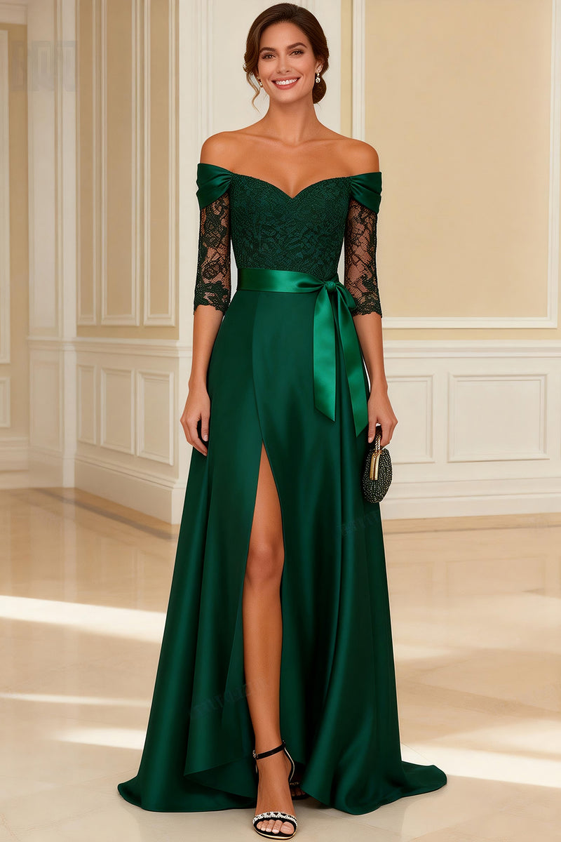 Load image into Gallery viewer, Dark Green Off the Shoulder Long Mother of the Bride Dress with Lace