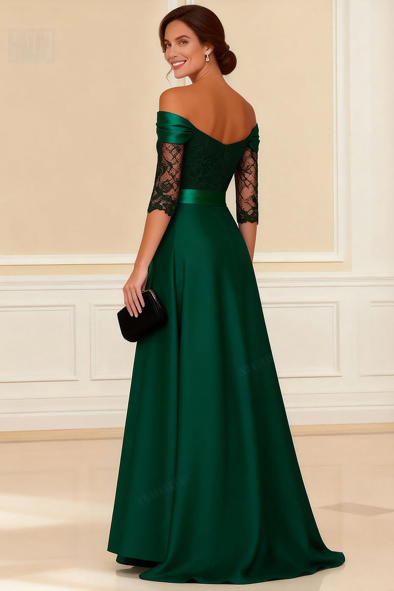 Load image into Gallery viewer, Dark Green Off the Shoulder Long Mother of the Bride Dress with Lace