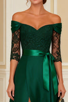 Load image into Gallery viewer, Dark Green Off the Shoulder Long Mother of the Bride Dress with Lace
