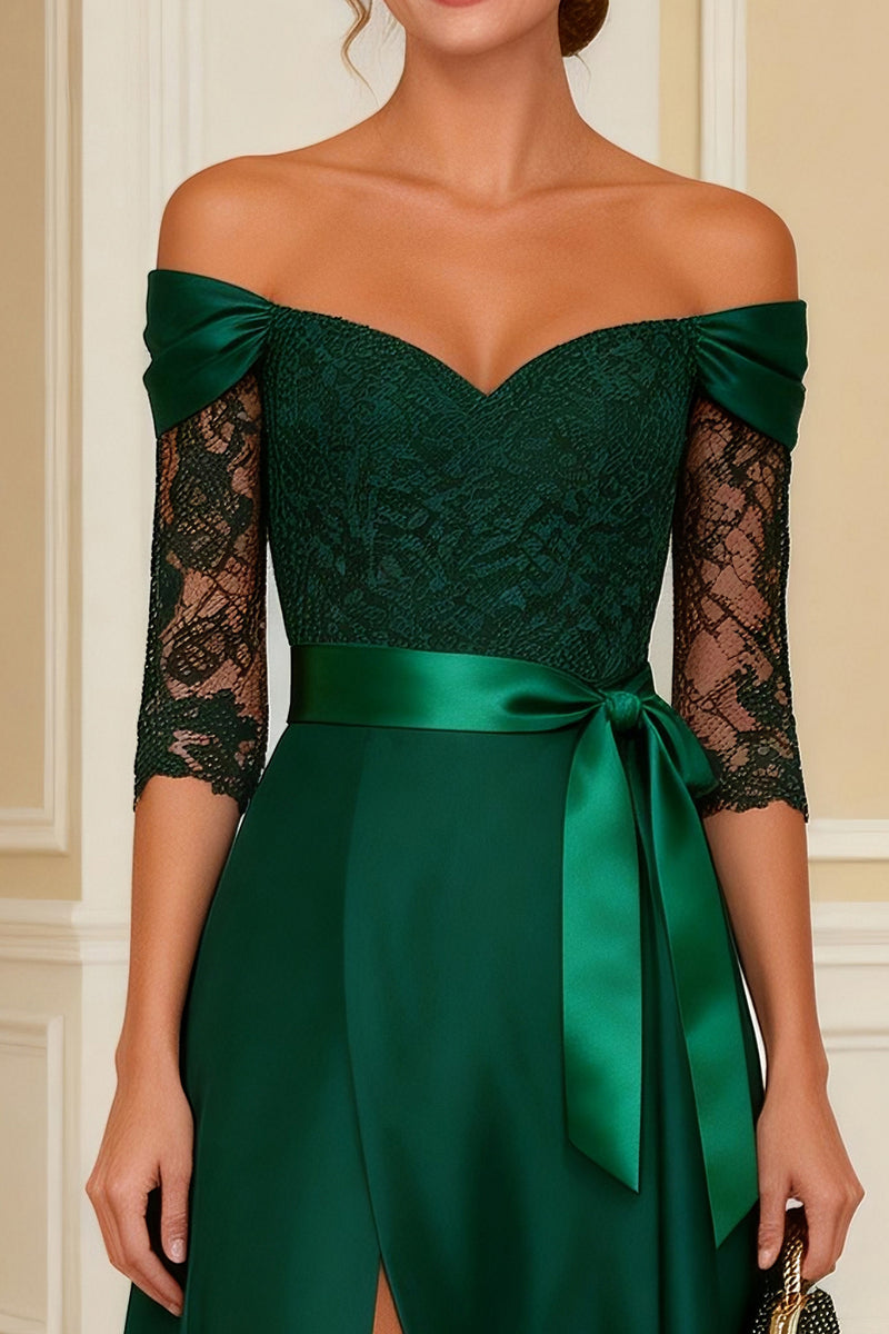 Load image into Gallery viewer, Dark Green Off the Shoulder Long Mother of the Bride Dress with Lace