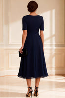 Load image into Gallery viewer, Navy V-Neck A-Line Midi Mother of the Bride Dress