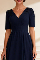 Load image into Gallery viewer, Navy V-Neck A-Line Midi Mother of the Bride Dress