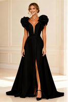 Load image into Gallery viewer, Black V-Neck Ruffled A-Line Long Mother of the Bride Dress