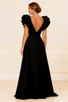 Load image into Gallery viewer, Black V-Neck Ruffled A-Line Long Mother of the Bride Dress