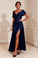 Load image into Gallery viewer, Navy Off the Shoulder A Line Long Mother of the Bride Dress with Slit