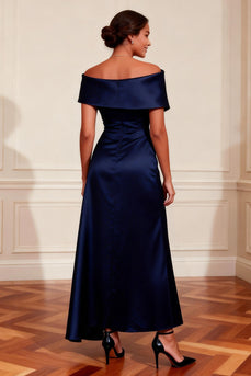 Navy Off the Shoulder A Line Long Mother of the Bride Dress with Slit