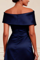 Load image into Gallery viewer, Navy Off the Shoulder A Line Long Mother of the Bride Dress with Slit