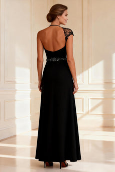 Sparkly Black Round Neck Sheath Long Mother of the Bride Dress with Slit