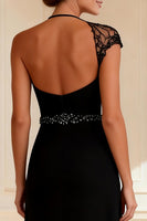 Load image into Gallery viewer, Sparkly Black Round Neck Sheath Long Mother of the Bride Dress with Slit