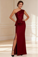 Load image into Gallery viewer, Burgundy One Shoulder Mermaid Long Mother of the Bride Dress with Slit