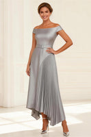 Load image into Gallery viewer, Silver Off the Shoulder Pleated Asymmetrical Mother of the Bride Dress