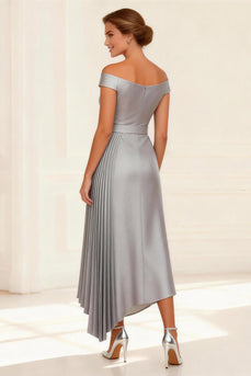 Silver Off the Shoulder Pleated Asymmetrical Mother of the Bride Dress