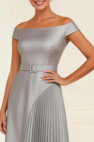 Load image into Gallery viewer, Silver Off the Shoulder Pleated Asymmetrical Mother of the Bride Dress