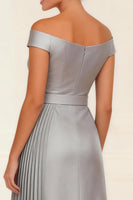 Load image into Gallery viewer, Silver Off the Shoulder Pleated Asymmetrical Mother of the Bride Dress