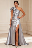 Load image into Gallery viewer, Silver One Shoulder A Line Long Mother of the Bride Dress with Bow