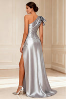 Load image into Gallery viewer, Silver One Shoulder A Line Long Mother of the Bride Dress with Bow