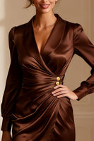 Load image into Gallery viewer, Brown Bodycon V-Neck Short Satin Mother of the Bride Dress