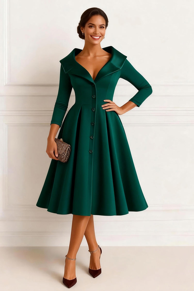 Load image into Gallery viewer, Dark Green V-Neck A-Line Midi Mother of the Bride Dress with Buttons