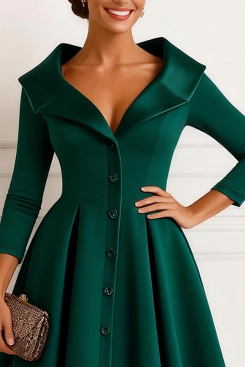 Load image into Gallery viewer, Dark Green V-Neck A-Line Midi Mother of the Bride Dress with Buttons