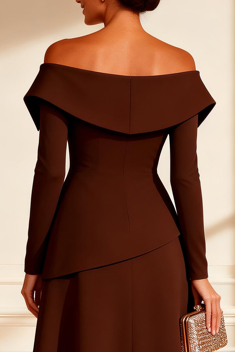 Load image into Gallery viewer, Chocolate Off the Shoulder Midi Mother of the Bride Dress with Slit