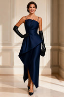 Load image into Gallery viewer, Navy Spaghetti Straps Ruched Asymmetrical Mother of the Bride Dress