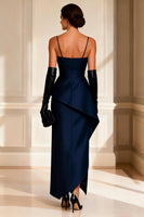 Load image into Gallery viewer, Navy Spaghetti Straps Ruched Asymmetrical Mother of the Bride Dress