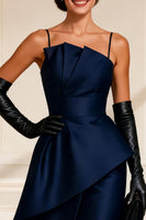 Load image into Gallery viewer, Navy Spaghetti Straps Ruched Asymmetrical Mother of the Bride Dress